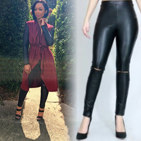 Slit Knees Faux Leather Pants