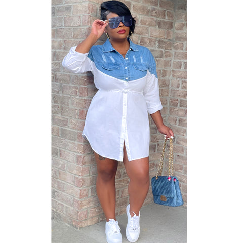 Denim Block Dress-White