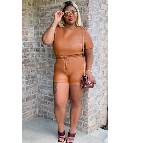 Leather Short Set-Camel