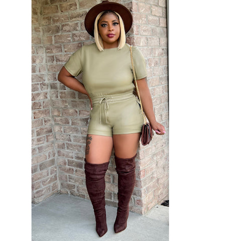 Leather Short Set-Light Olive