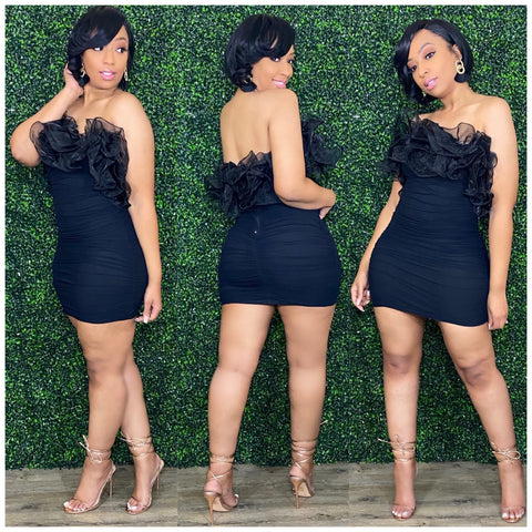 Mesh and Ruffles Dress-Black